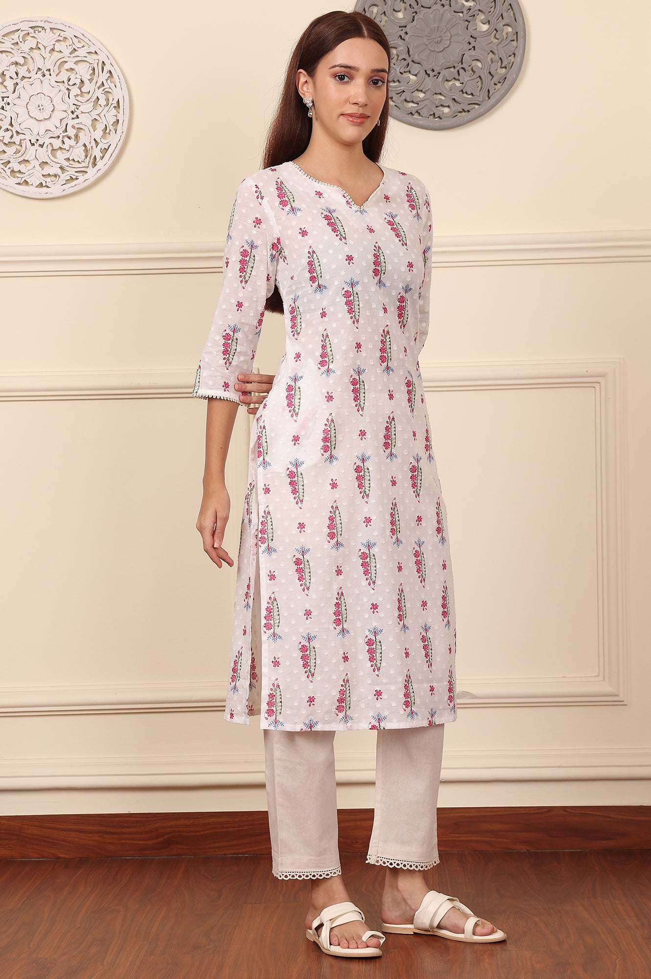 Off White Floral Lace Trim Straight Cotton Kurta