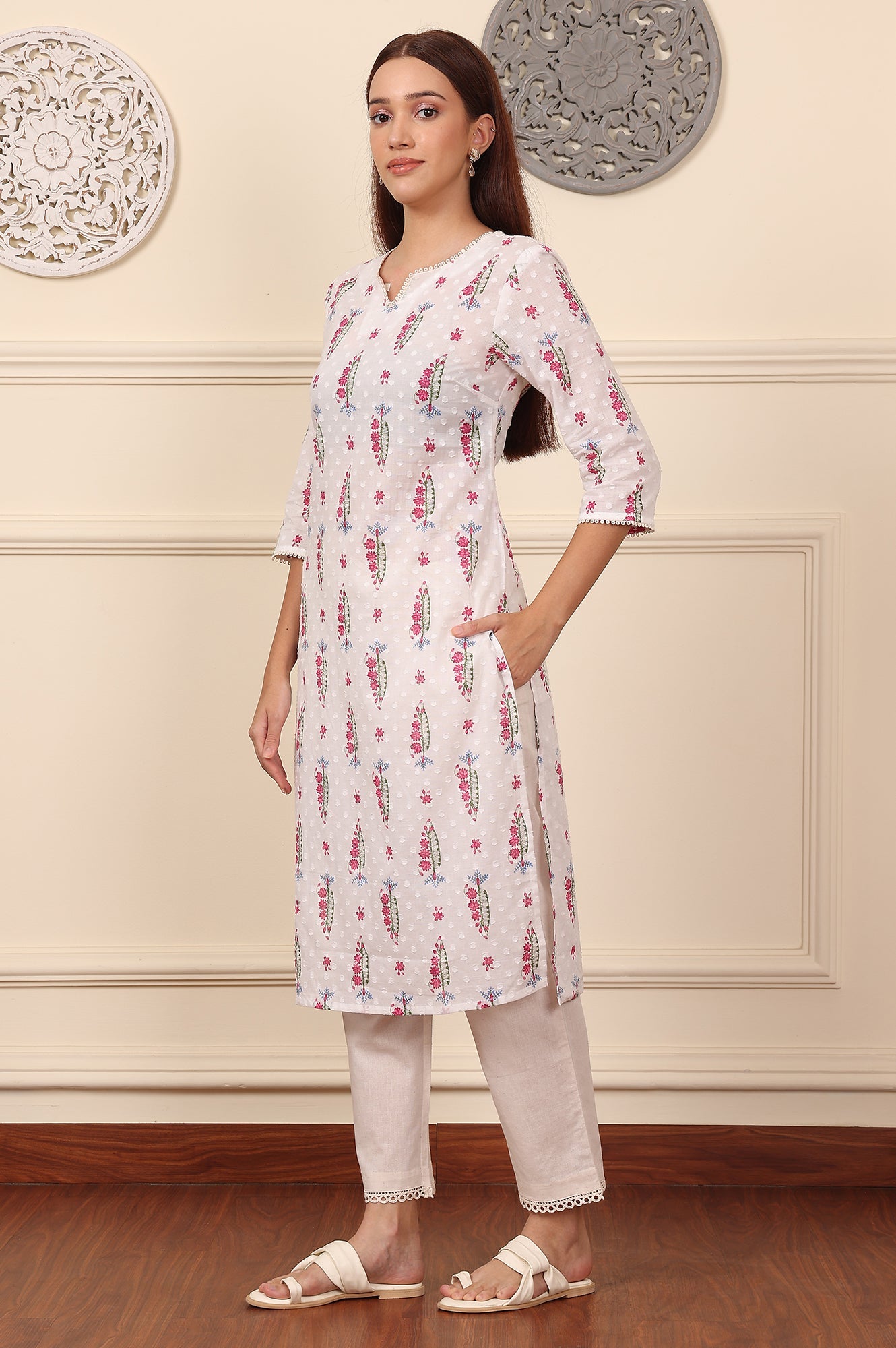 Off White Floral Lace Trim Straight Cotton Kurta