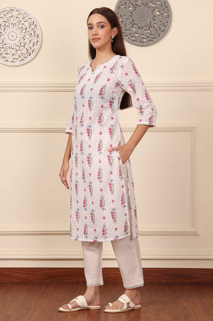 Off White Floral Lace Trim Straight Cotton Kurta