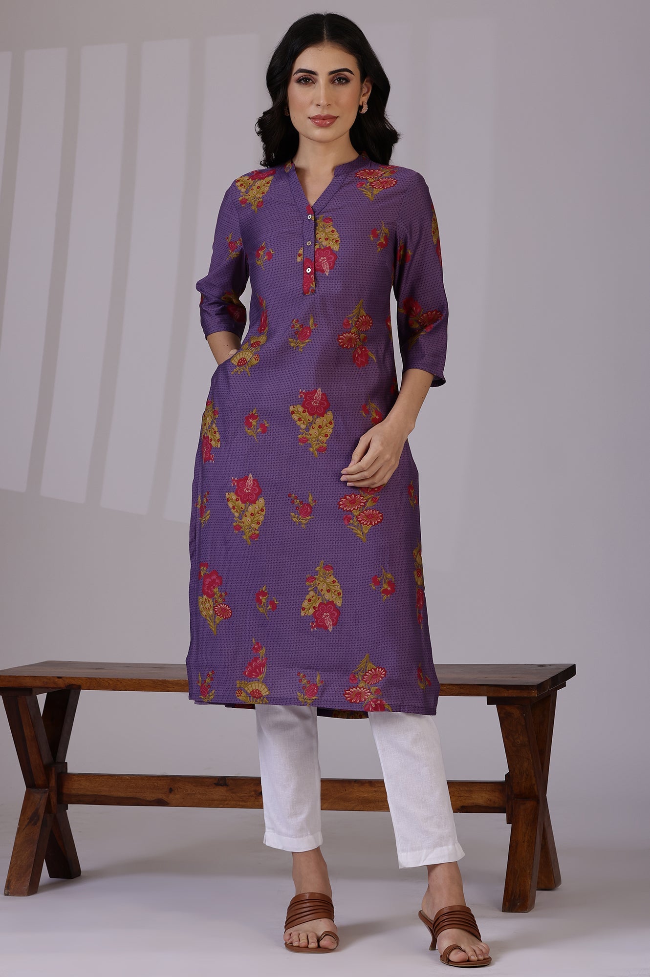Purple Floral Straight Muslin Kurta