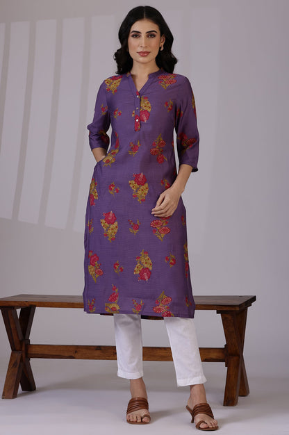 Purple Floral Straight Muslin Kurta