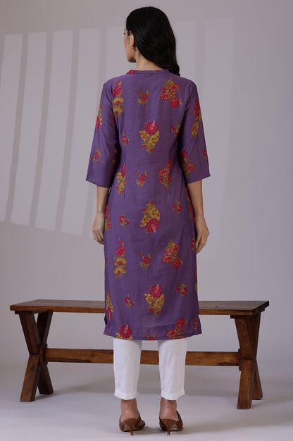 Purple Floral Straight Muslin Kurta