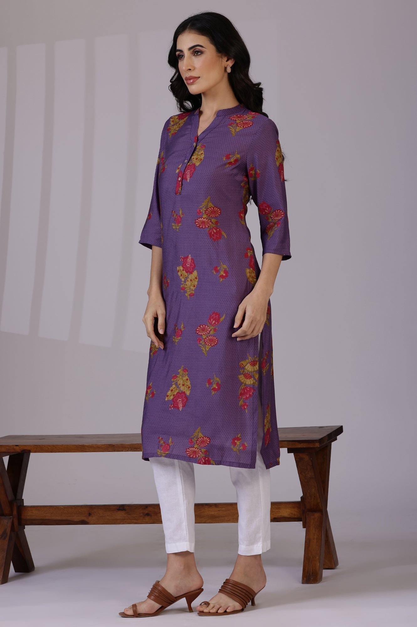 Purple Floral Straight Muslin Kurta