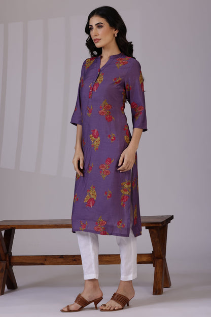 Purple Floral Straight Muslin Kurta