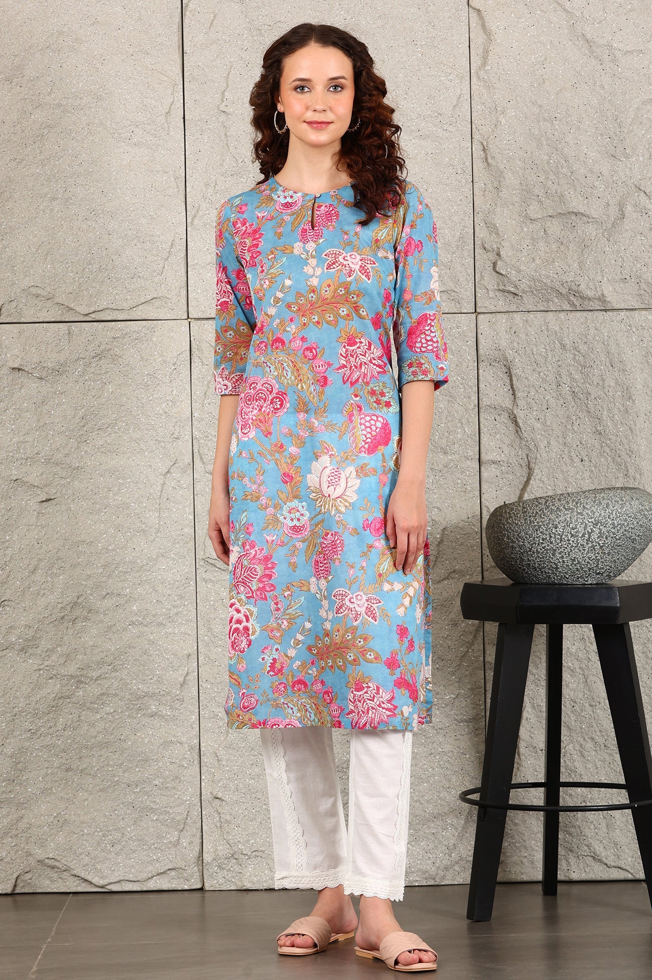 Blue Floral Straight Cotton Kurta