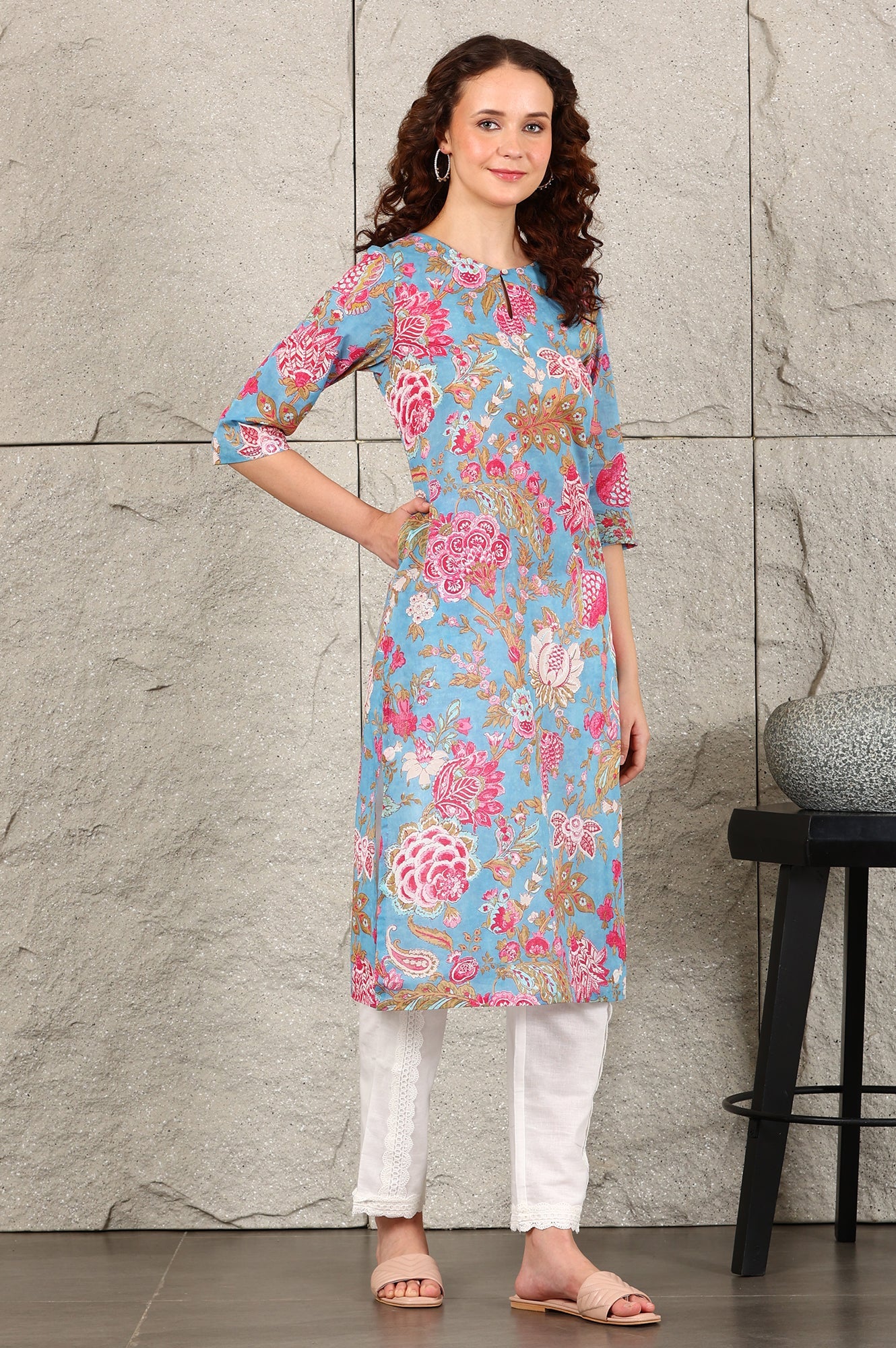 Blue Floral Straight Cotton Kurta