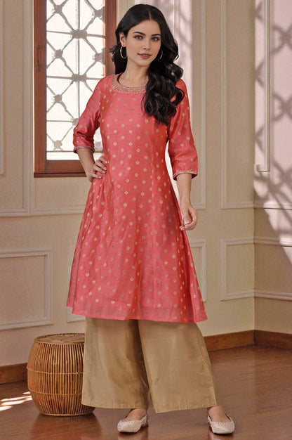 Pink Yarn-Dyed Chanderi Straight Kurta with Embroidered Neck