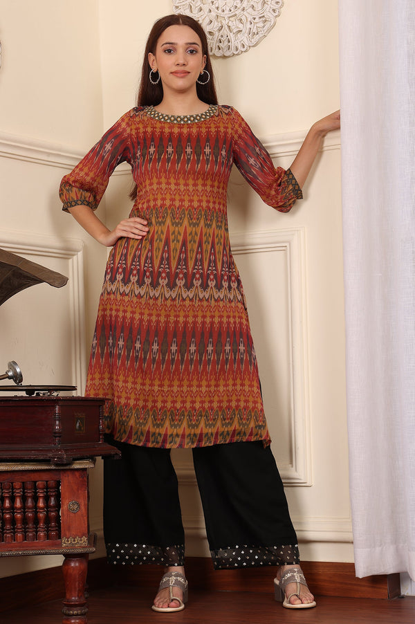 Mustard Yellow Ikkat Printed Layered Kurta With Embellished Neck