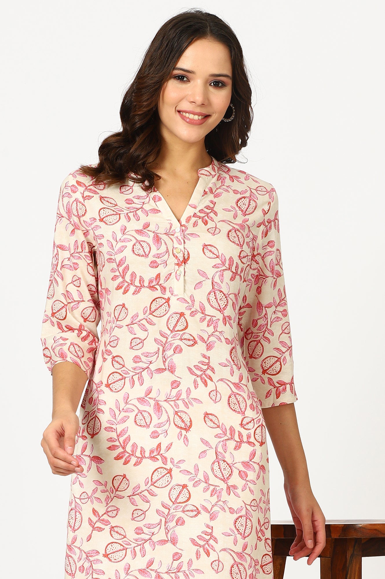 Beige Floral Straight Rayon Kurta
