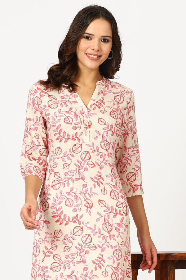 Beige Floral Straight Rayon Kurta