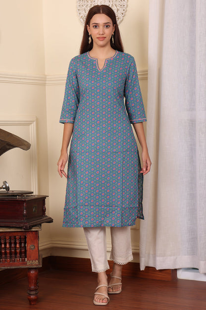 Blue Geometric Thread Work Straight Cotton Kurta