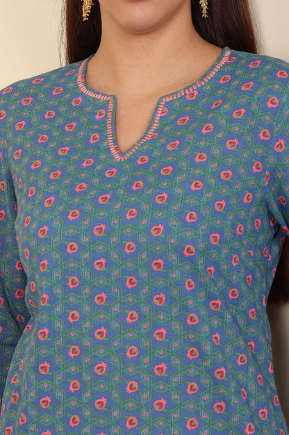 Blue Geometric Thread Work Straight Cotton Kurta