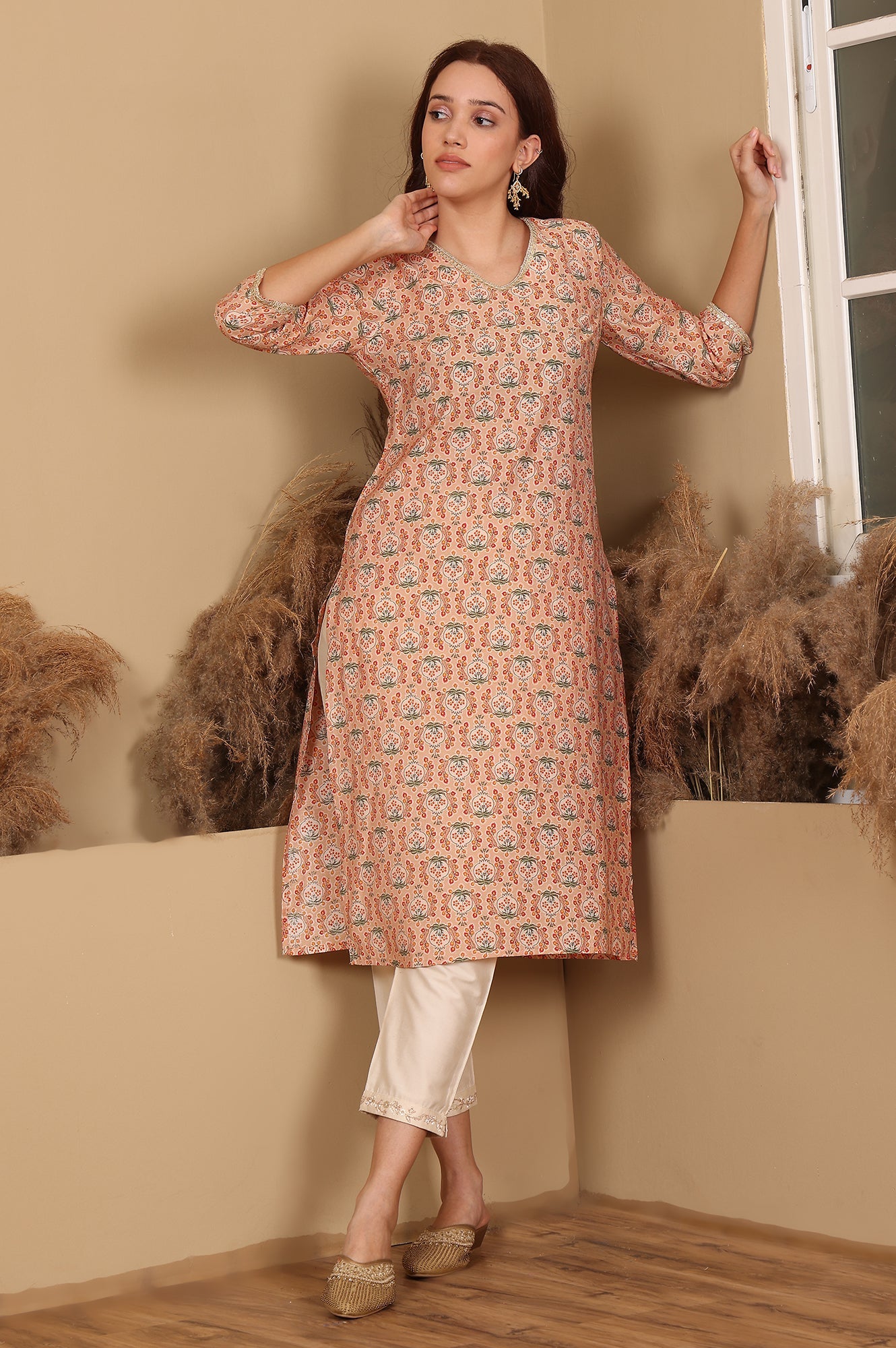 Orange Floral Lace Trim Straight Muslin Kurta
