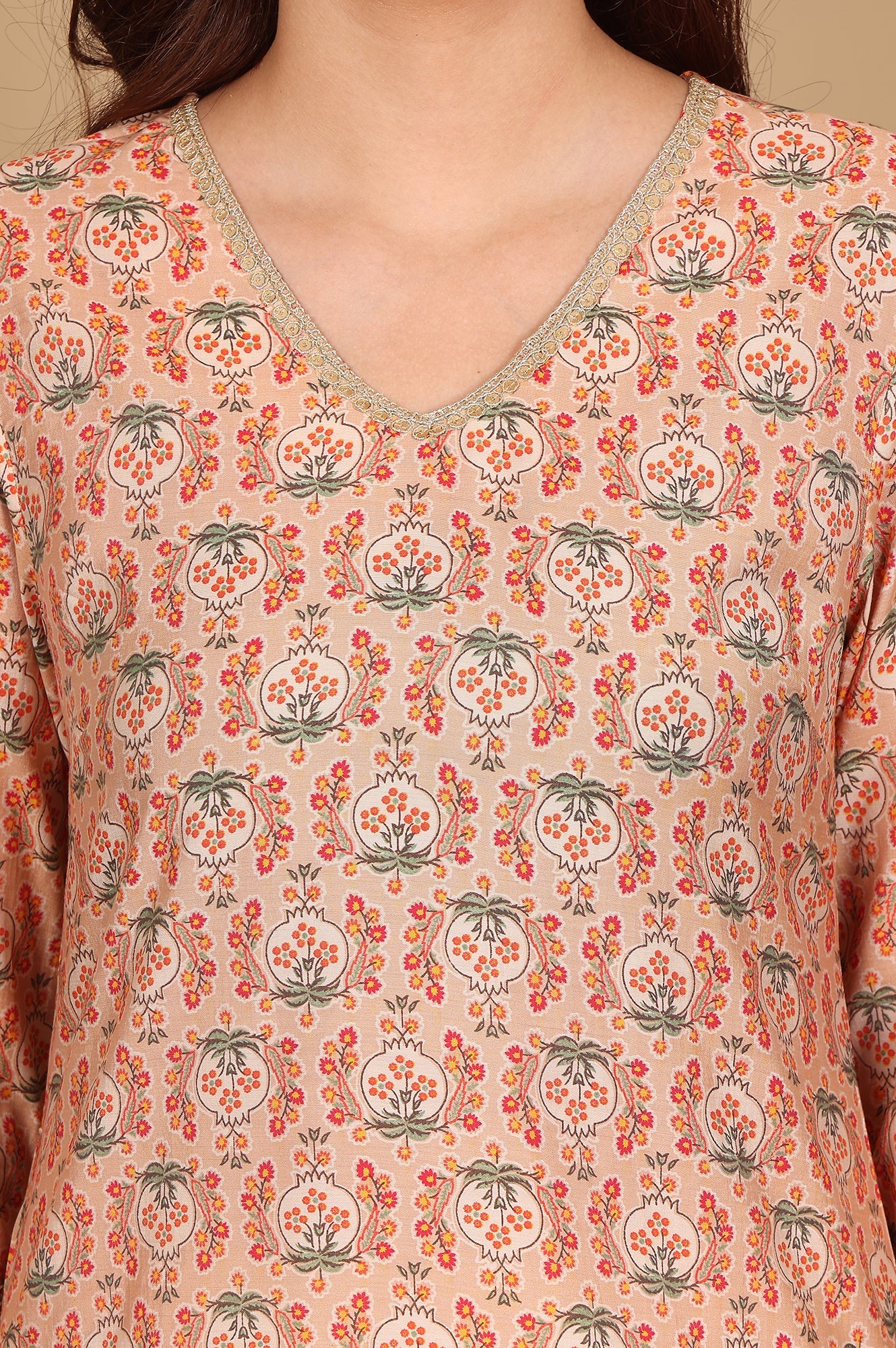 Orange Floral Lace Trim Straight Muslin Kurta