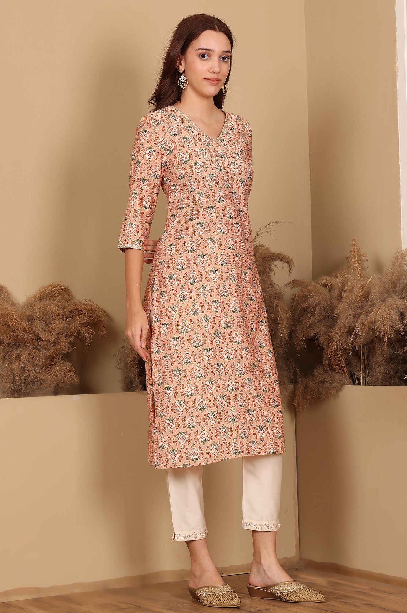 Orange Floral Lace Trim Straight Muslin Kurta