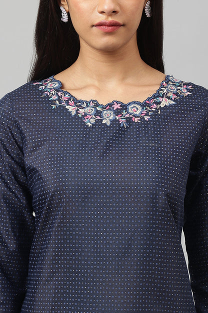 Dark Blue Geometric Printed Shantung straight Kurta with Slim Pant Set