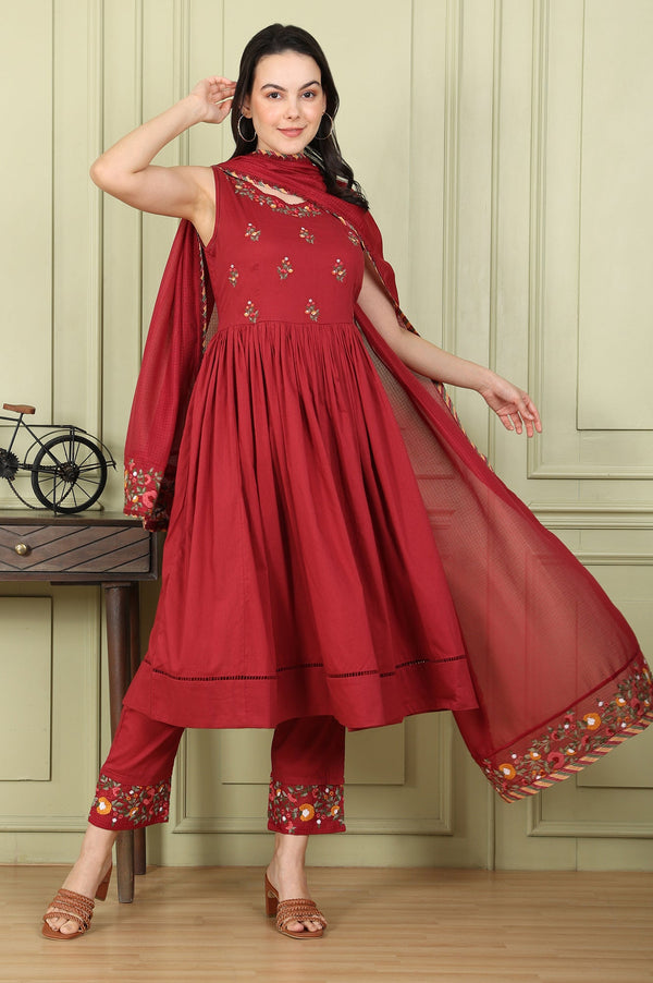 Maroon Floral Thread Embroidered Pure Cotton Sleeveless Kurta, Pants and Dupatta Set