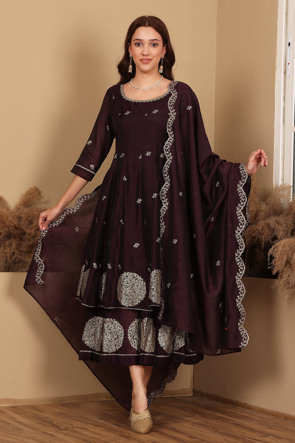 Purple Floral Printed Dori Embroidered Chanderi Flared Kurta With Mock Layer And Dupatta Set