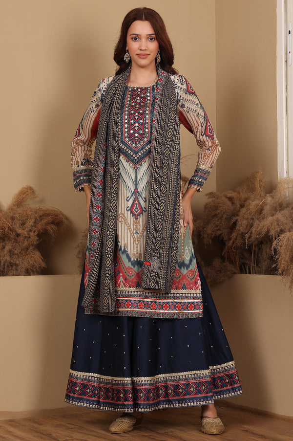 Multi-Coloured Printed Sequined Kota Kurta, Flared Culottes And Dupatta Set