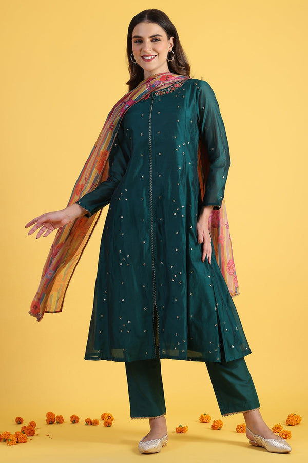 Green Solid SequinsFlared Kurta & Straight pant with Dupatta Set