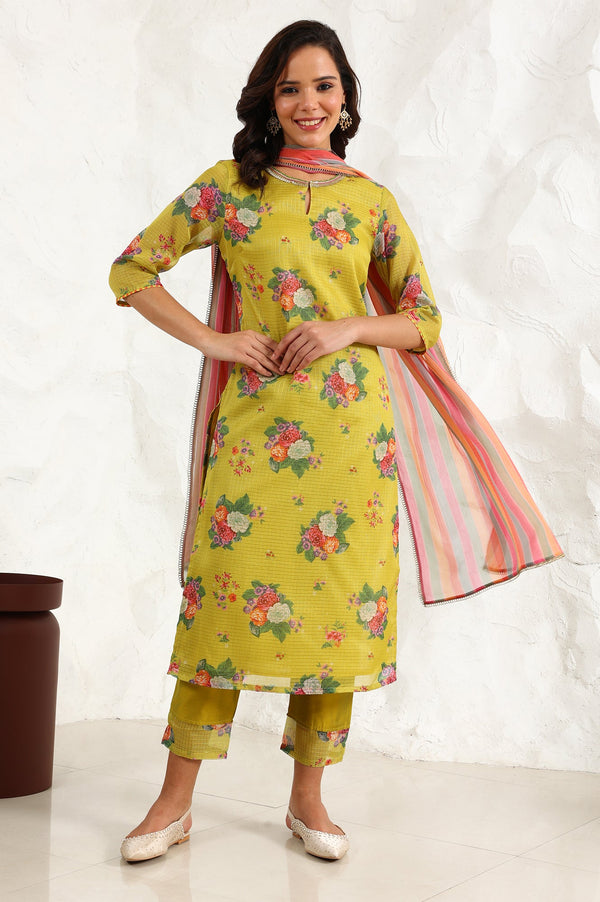 Celery Green Floral Printed Sequined Kota Straight Kurta, Slim Pants And Dupatta Set