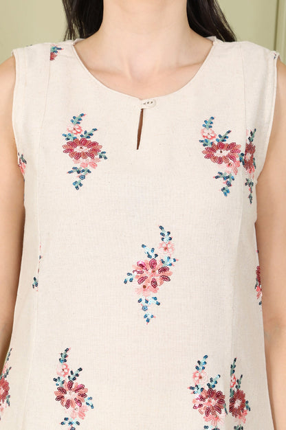 Beige Sleeveless Panelled Floral Sequined Linen Blend Flared Kurta With Straight Pants Set - wforwoman