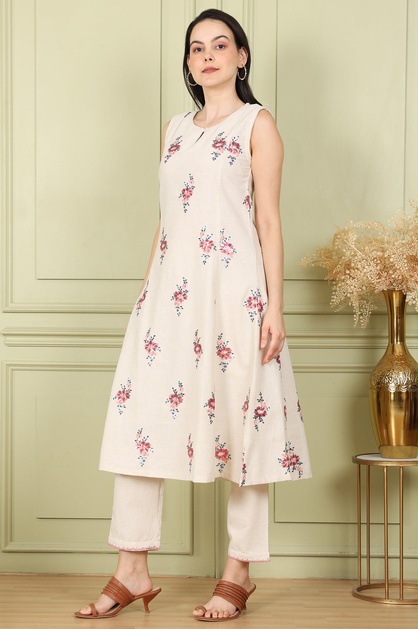 Beige Sleeveless Panelled Floral Sequined Linen Blend Flared Kurta With Straight Pants Set - wforwoman