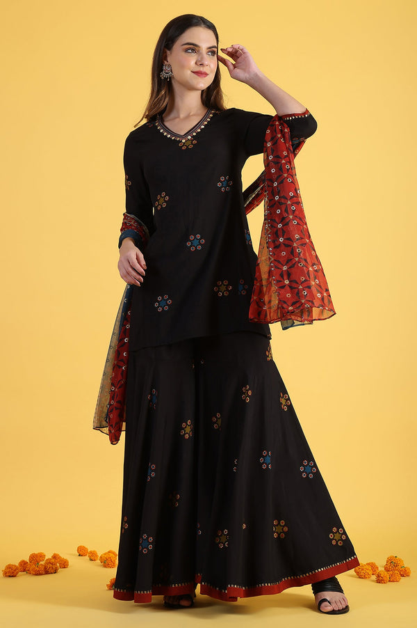Black Printed Metallic Embroidery Straight Kurta & Sharara with Dupatta Set