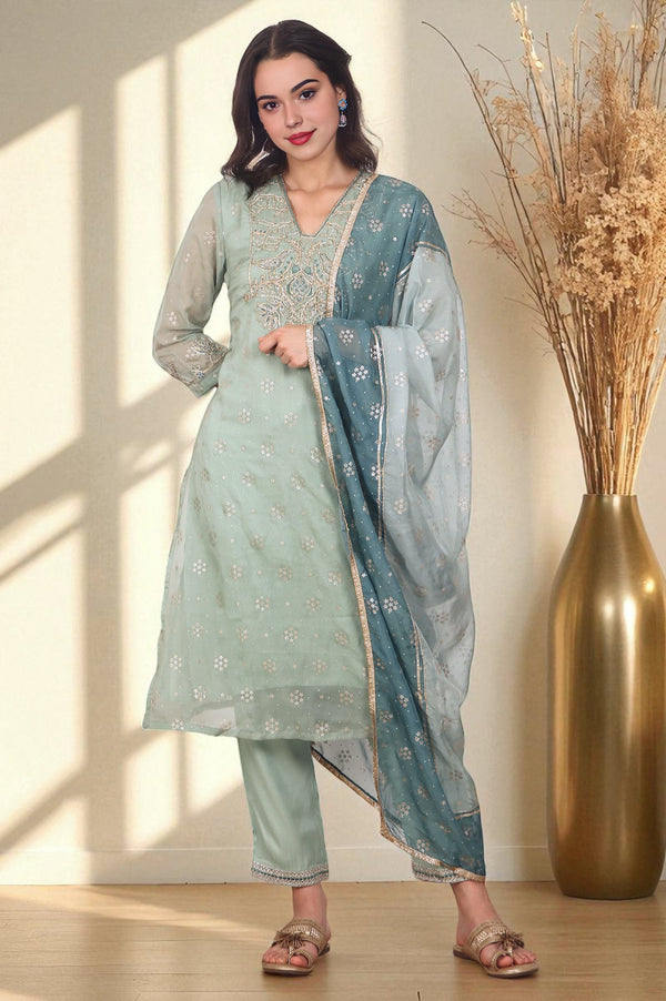 Green Metallic Embroidered Straight Organza Festive Kurta, Pant and Dupatta Set