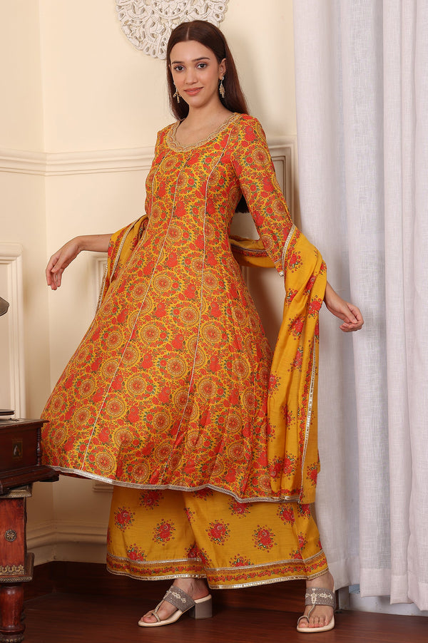 Mustard Yellow Floral Printed Chanderi Anarkali Kurta With Embroidery, Flared Pants And Dupatta Set