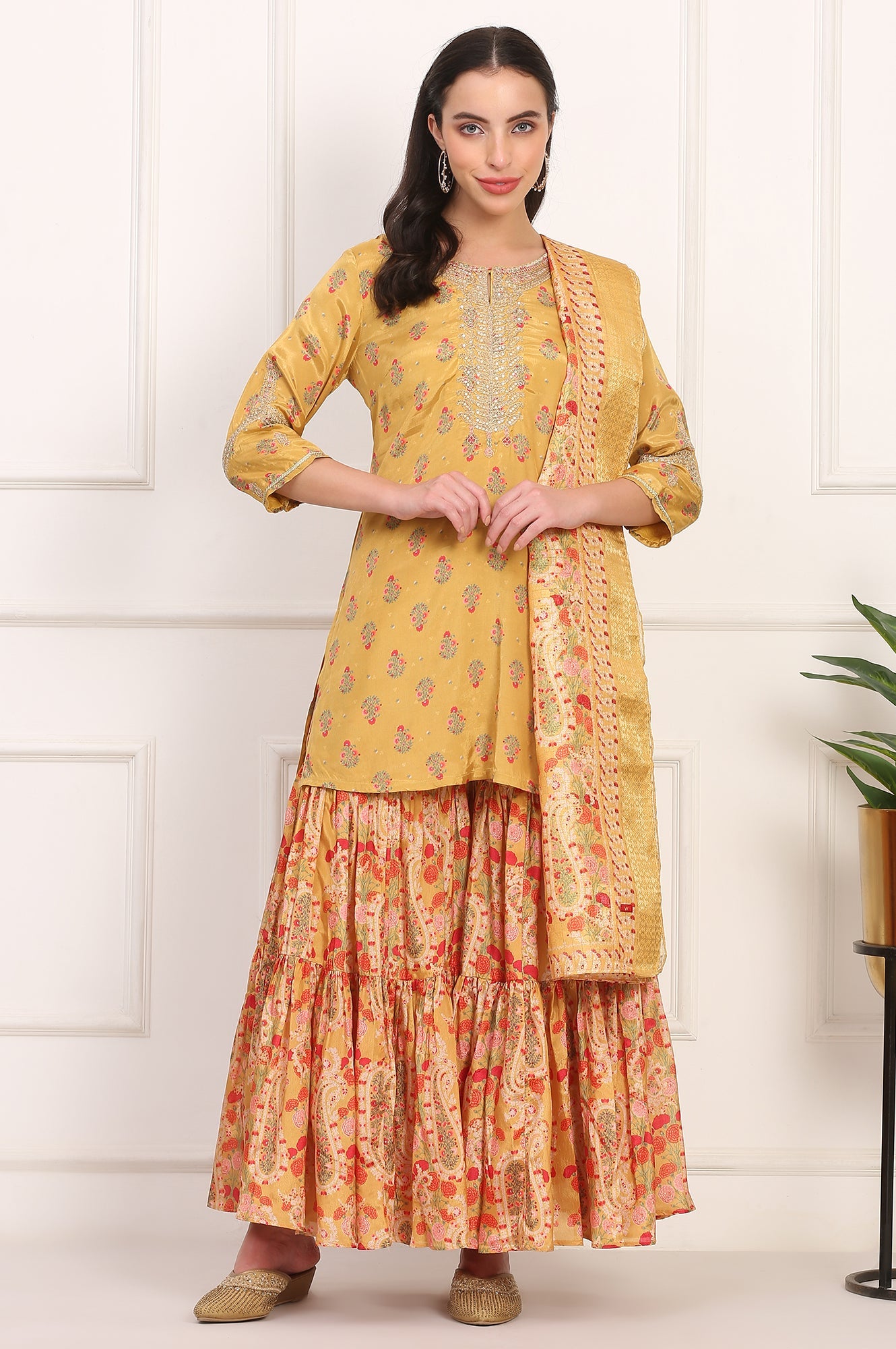 Yellow Floral Printed Metallic Embroidery Flared Kurta, Sharara and Dupatta Set