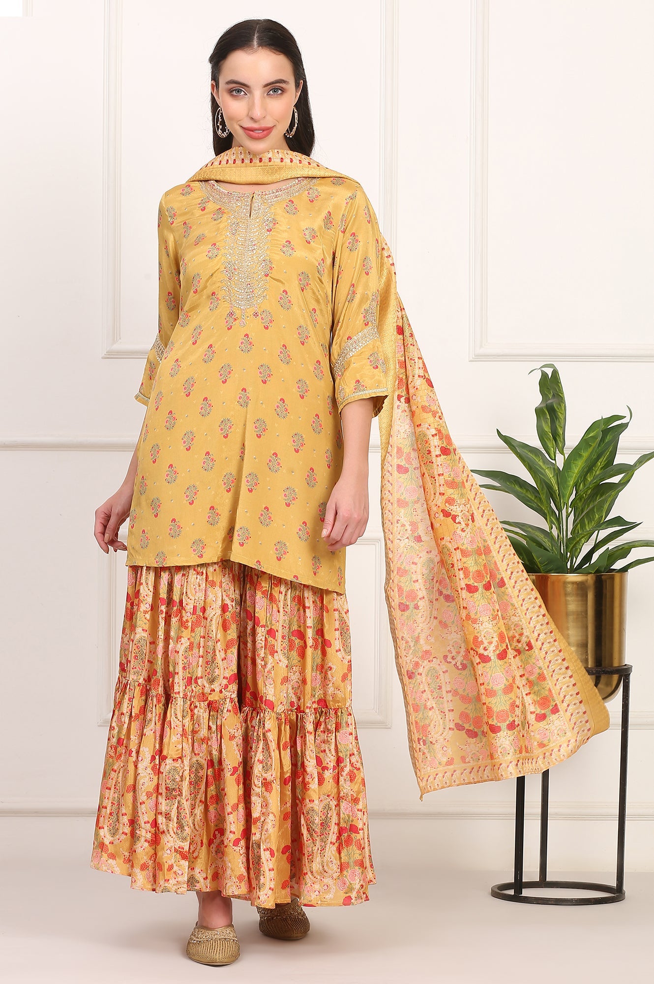 Yellow Floral Printed Metallic Embroidery Flared Kurta, Sharara and Dupatta Set