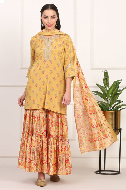 Yellow Floral Printed Metallic Embroidery Flared Kurta, Sharara and Dupatta Set
