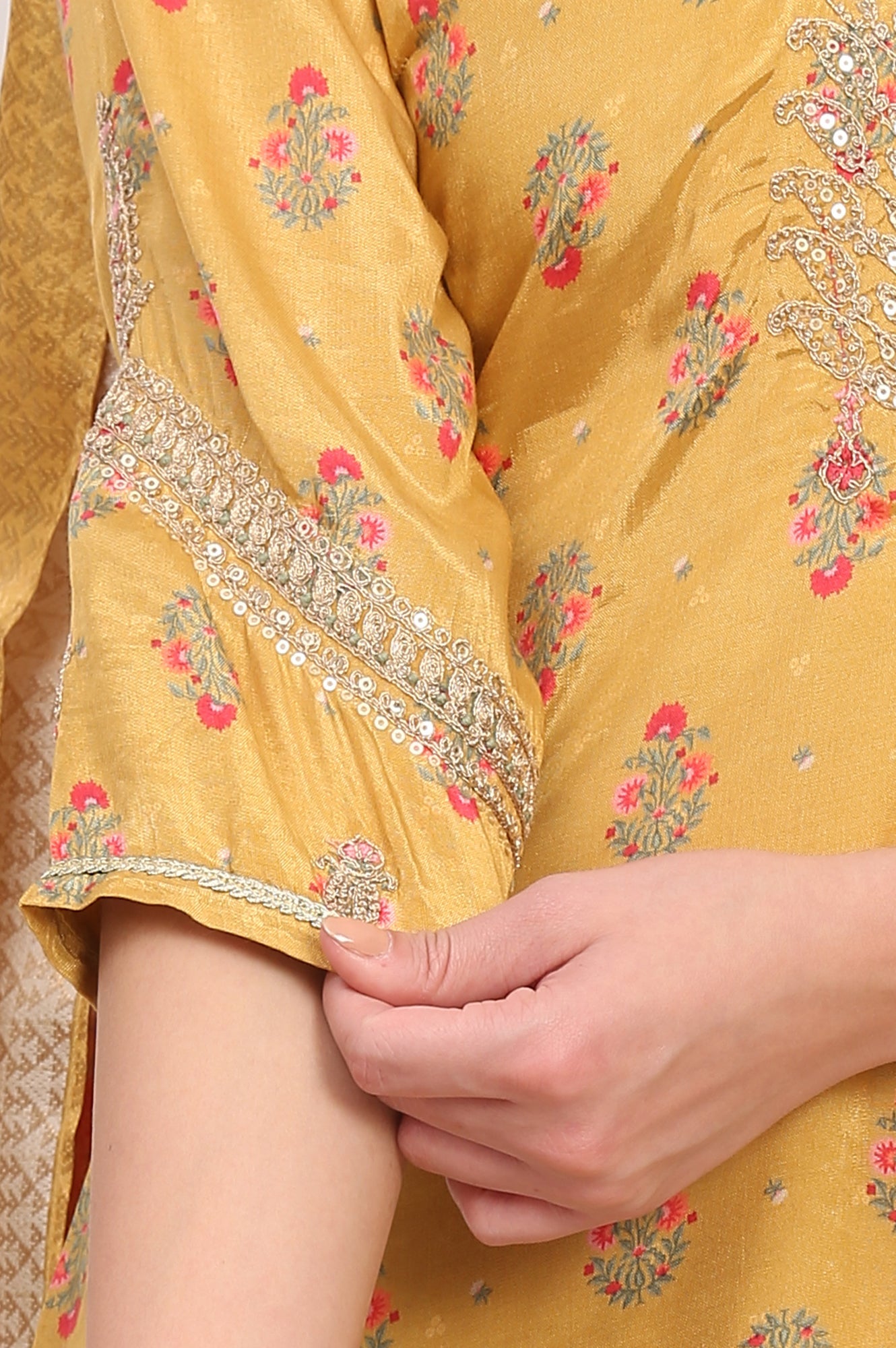 Yellow Floral Printed Metallic Embroidery Flared Kurta, Sharara and Dupatta Set
