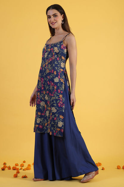 Blue Printed Metallic Embroidery Straight Kurta &amp; Sharara with Dupatta Set