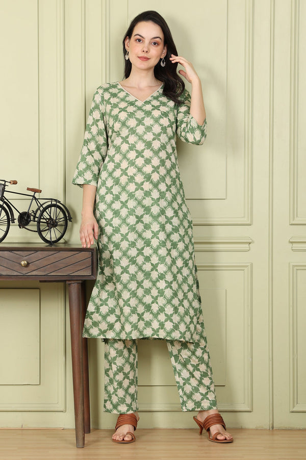 Olive Green Floral Printed Cotton Blend Straight Kurta And Pants Co-Ord Set