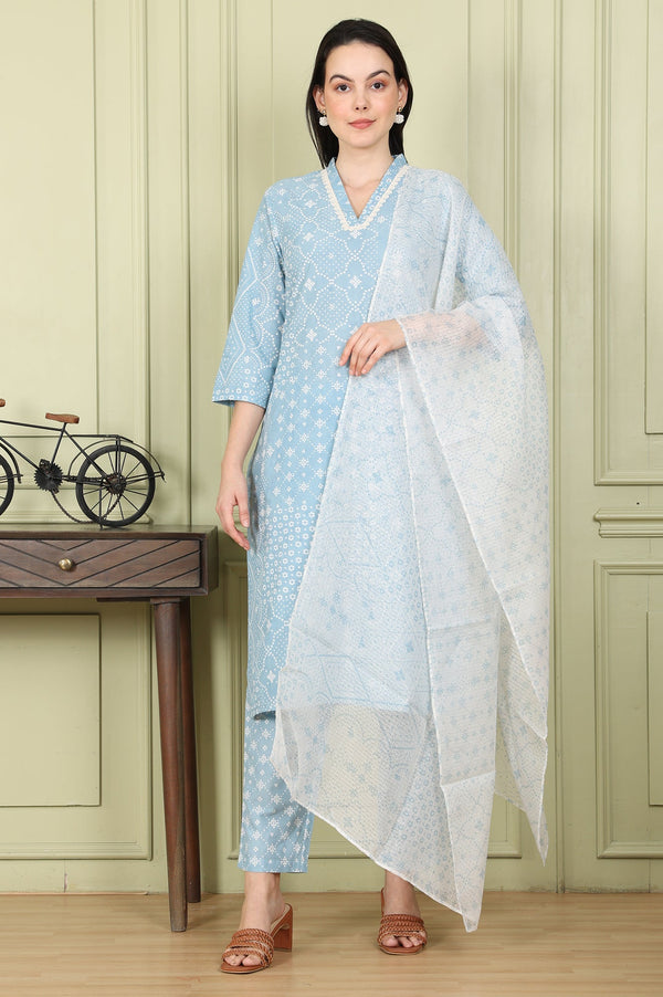 Powder Blue Geometric Printed Pure Cotton Straight Kurta, Pants And Dupatta Set