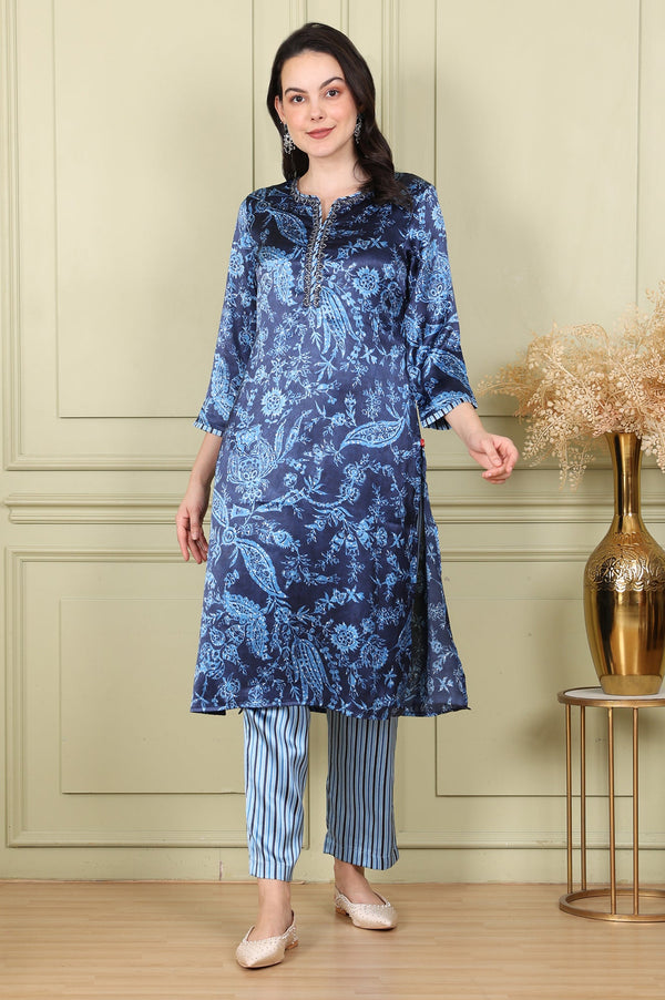 Blue Floral Printed With Thread Work Japenese Satin Kurta And Pants Set