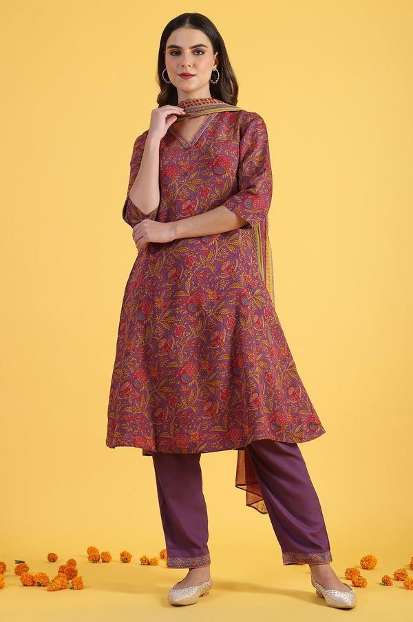 Purple Printed Flarred A-Line Kurta & Straight pant with Dupatta Set