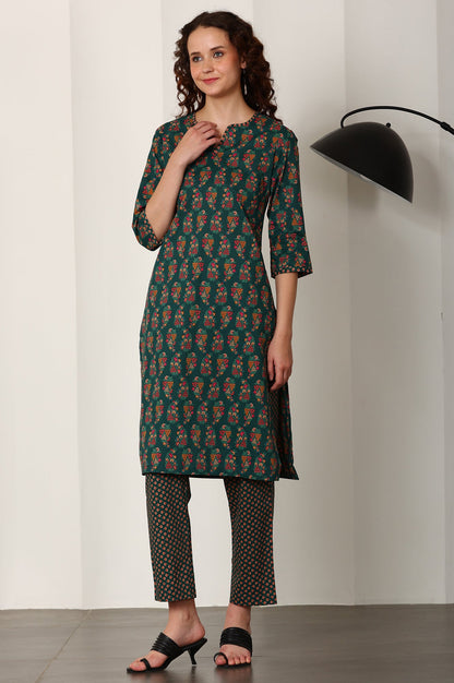 Bottle Green Floral Printed Pure Cotton Kurta, Pants And Dupatta Set