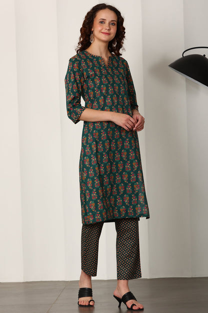 Bottle Green Floral Printed Pure Cotton Kurta, Pants And Dupatta Set