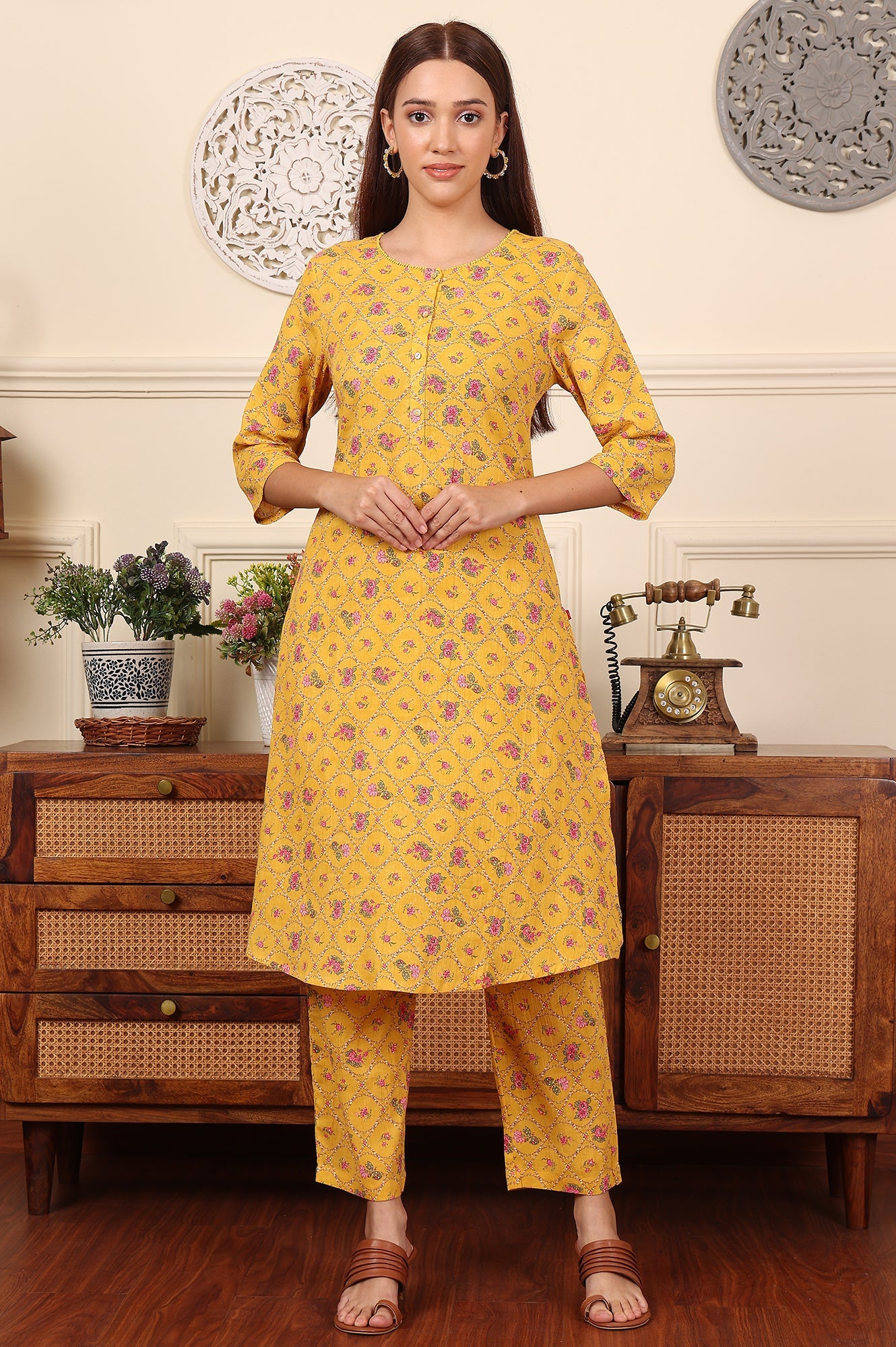 Yellow Floral Printed Pure Cotton Kurta And Pants Co-Ord Set - wforwoman
