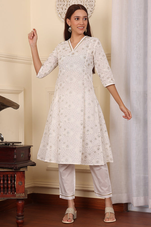 White Floral Printed Embroidered A-Line Pure Cotton Kurta And Pants Co-Ord Set