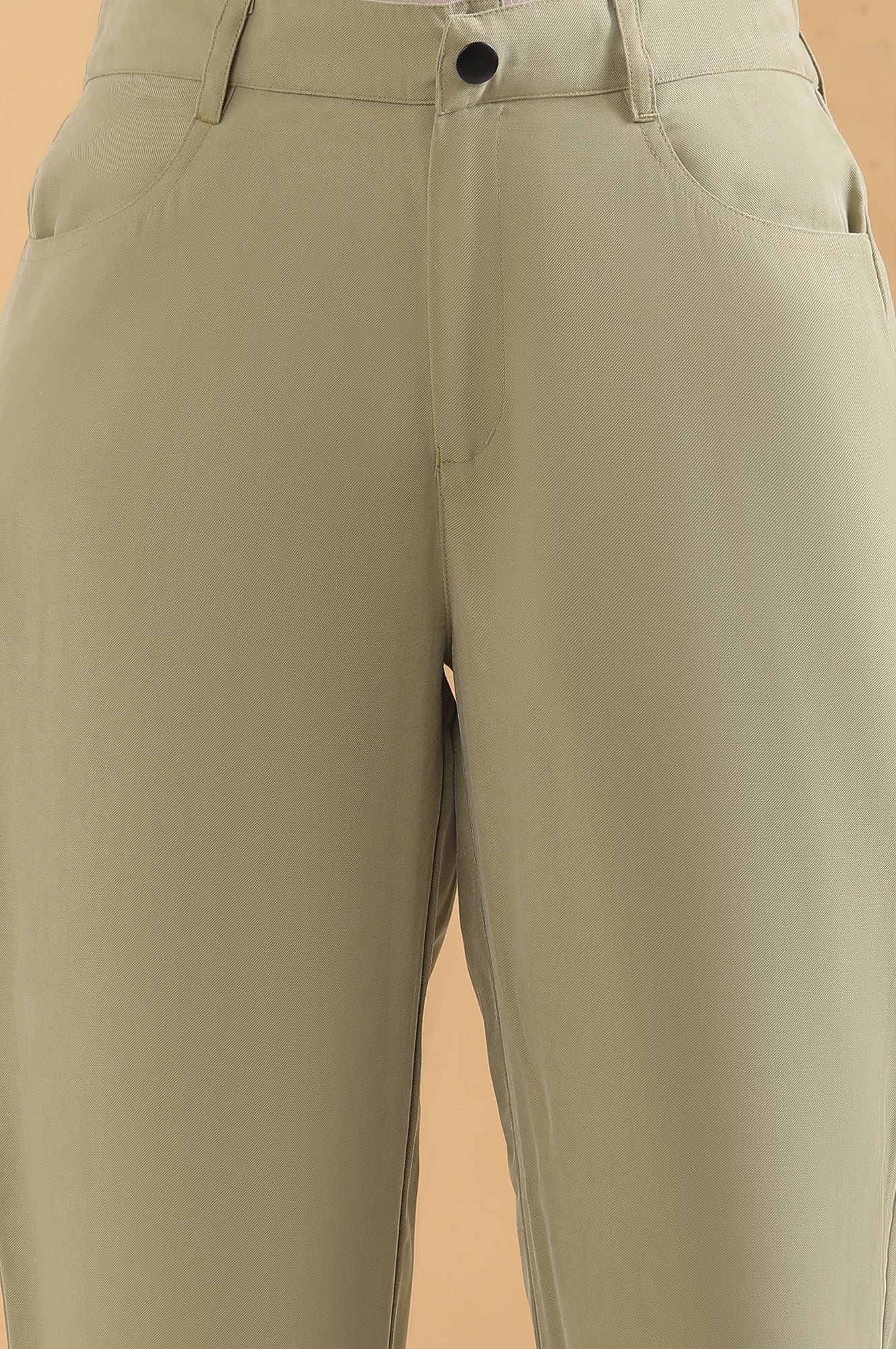 Green Solid Straight Fit Woven Pants With Belt Loops