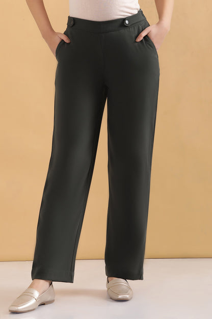 Olive Green Solid Straight-fit Woven Pants with Side Pockets