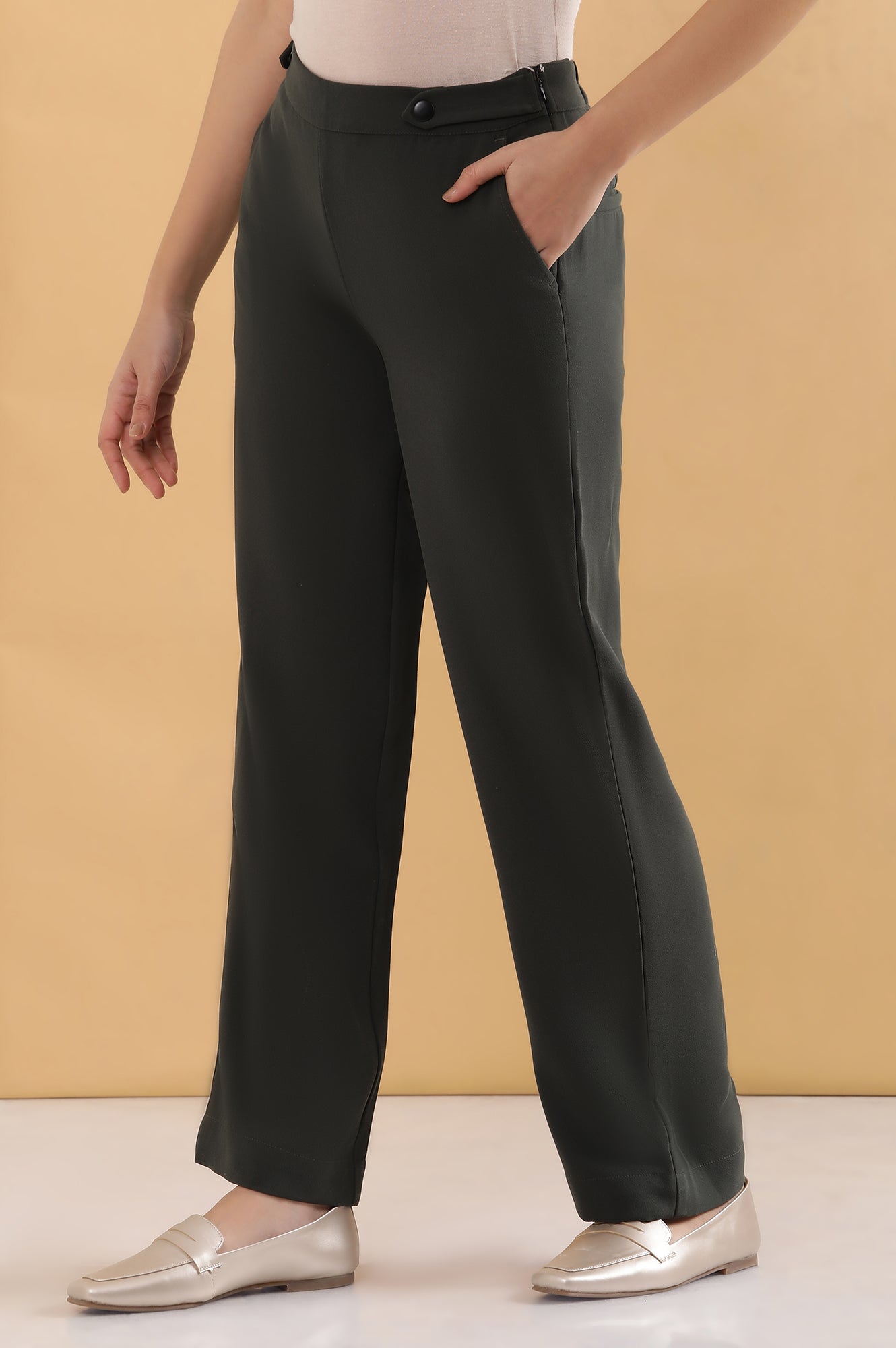 Olive Green Solid Straight-fit Woven Pants with Side Pockets