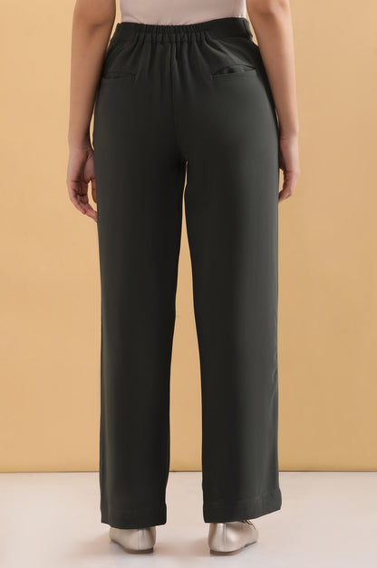 Olive Green Solid Straight-fit Woven Pants with Side Pockets