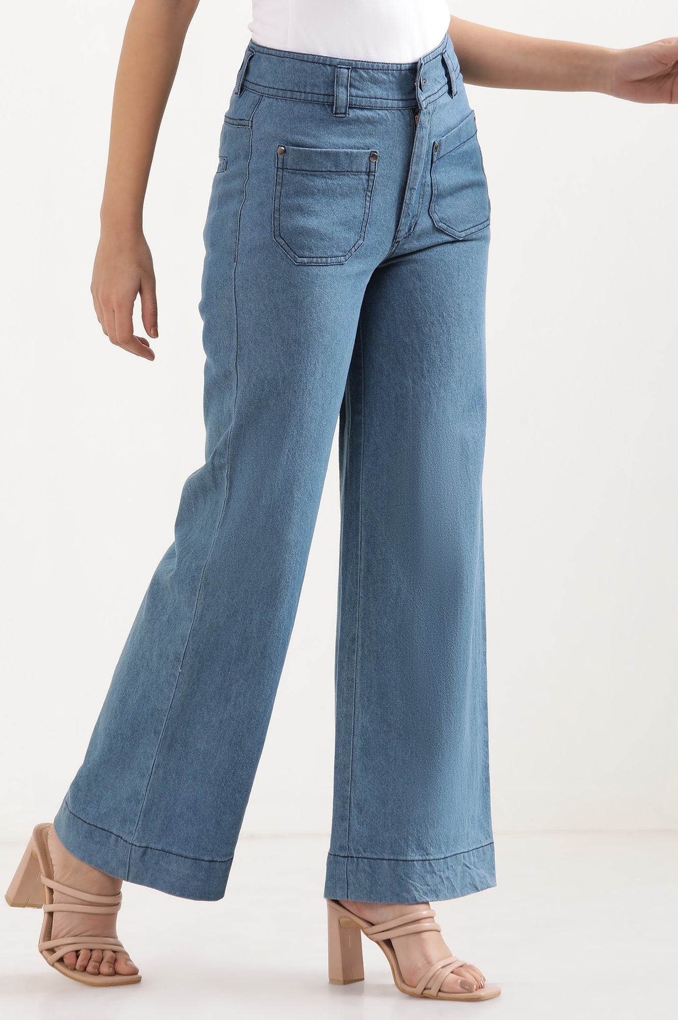 Light Blue Solid Flared Denim Pants With Button Detail