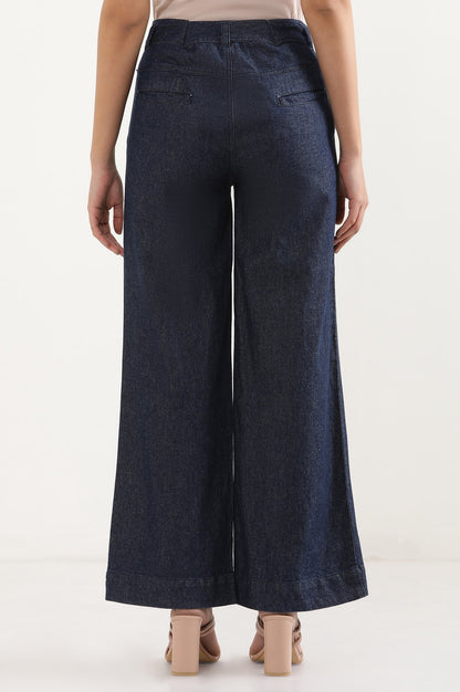 Navy Blue Solid Flared Denim Pants with Button Detail
