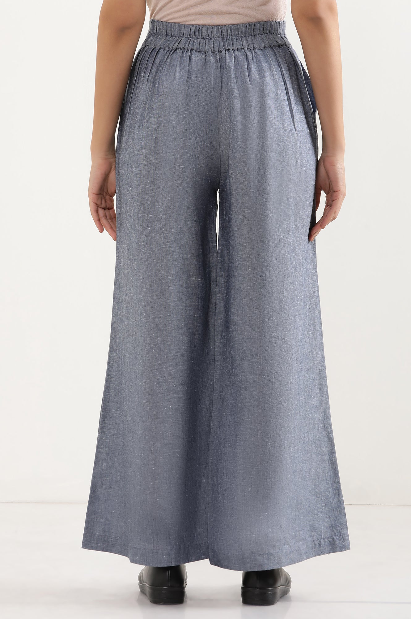Blue Solid Flared Denim Pants With Tie Detail